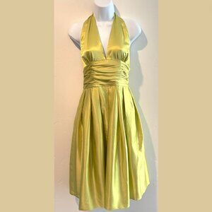 Chartreuse Lime Silk Cotton Blend Halter Dress